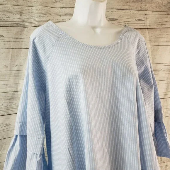 Pleione Womens Ruffle Hem Top Sz Medium Blue White Striped 3/4 Sleeve Cotton - Picture 2 of 6